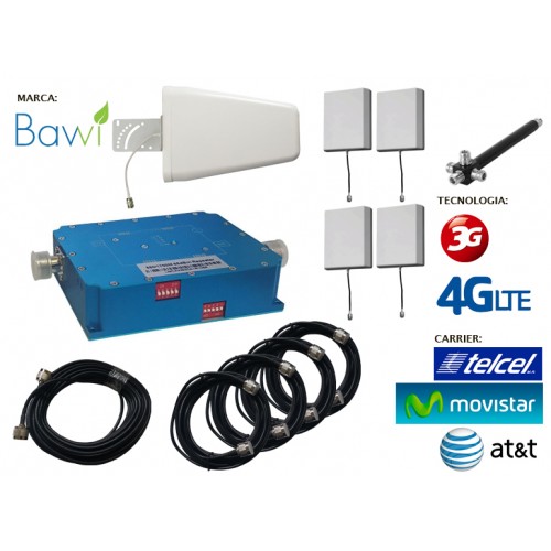 Elemental Cerdo Resonar Kit Antena + Amplificador de Señal Celular 65db Doble Banda 850-2100 Mhz 3G  CDMA / 4G LTE + 4 Paneles Repetidores